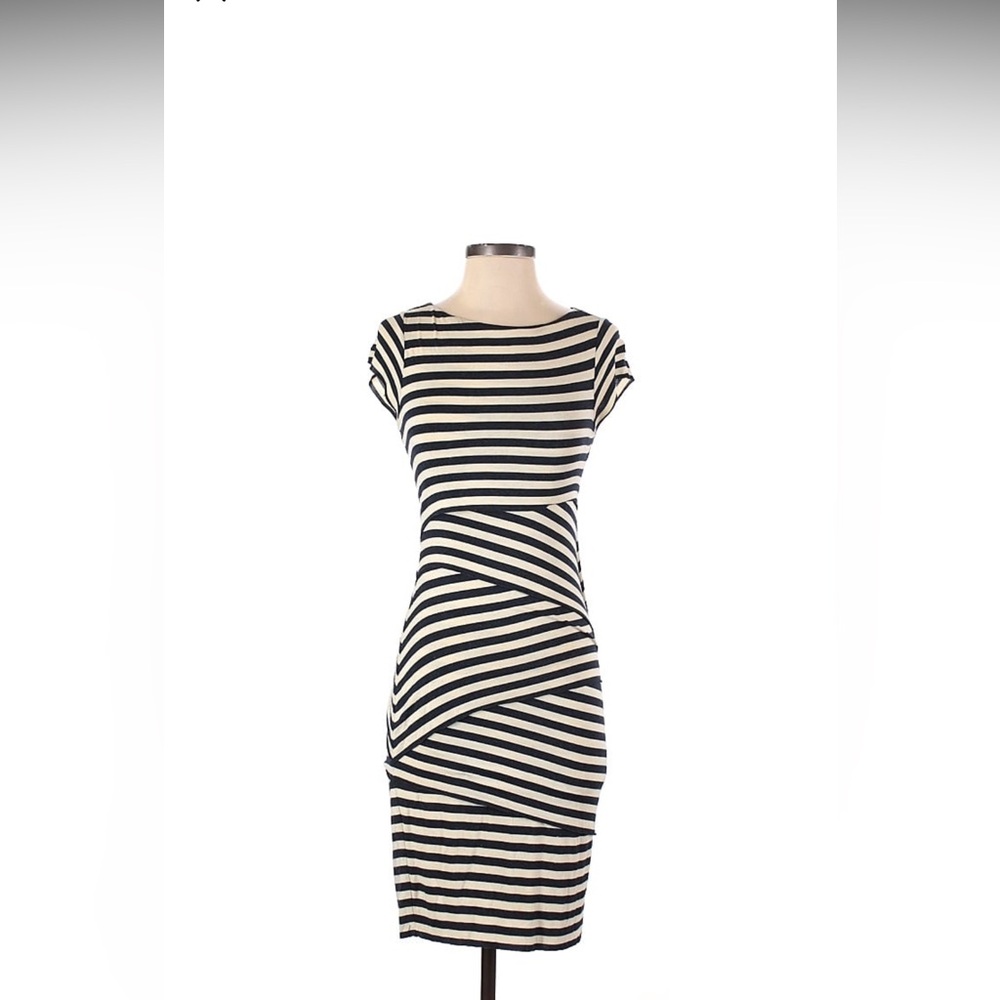 Bailey 44 Ivory Cream Navy Blue Short Sleeve Striped Bandage Column Dress med